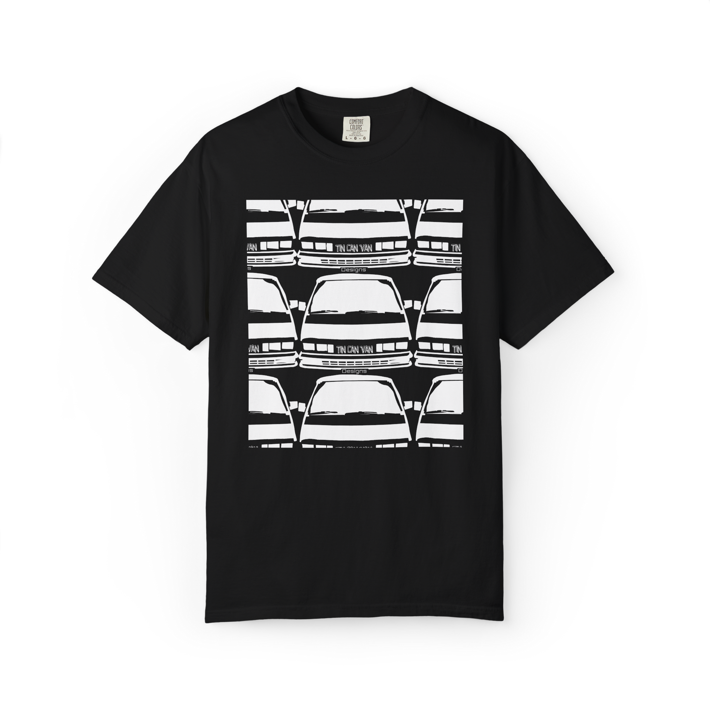 Black Comfort Colors cotton t-shirt with white van grid pattern DTF graphic design on a white background.