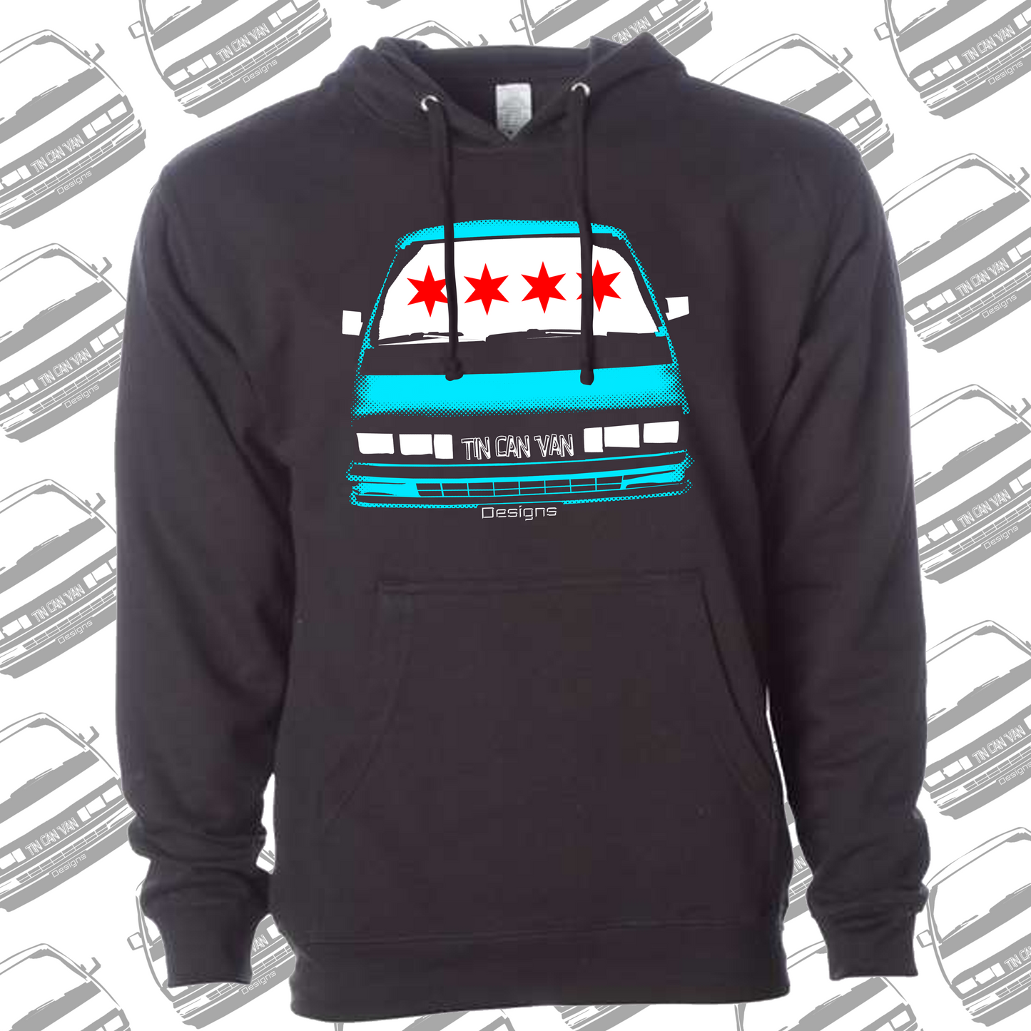 Black hoodie with a graphic of a van and stars on the chest, Chicago flag, set against a background with van illustrations.