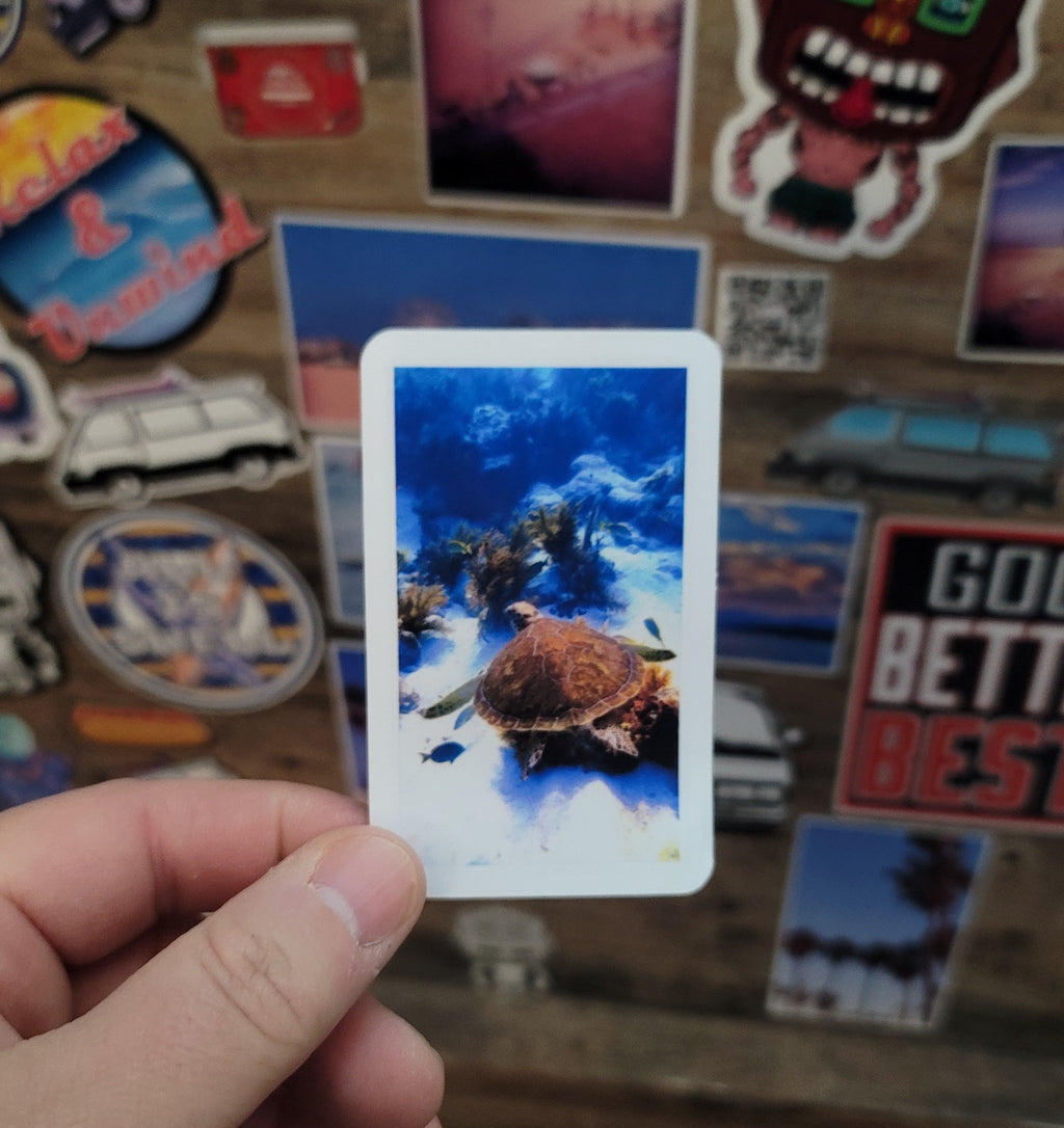Hand holding a vinyl photo  sticker of a sea turtle taken while scuba diving in Key Largo Florida.