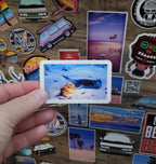 Hand holding a vinyl photo sticker of a sting ray taken while scuba diving in Key Largo Florida.