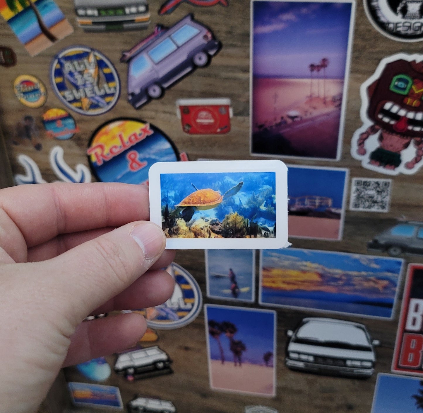 Hand holding a vinyl photo  sticker of a sea turtle taken while scuba diving in Key Largo Florida.