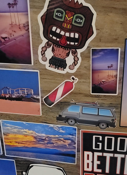Collection of stickers on a wooden surface with beach-themed images with a red and white dive flag scuba tank in the middle.