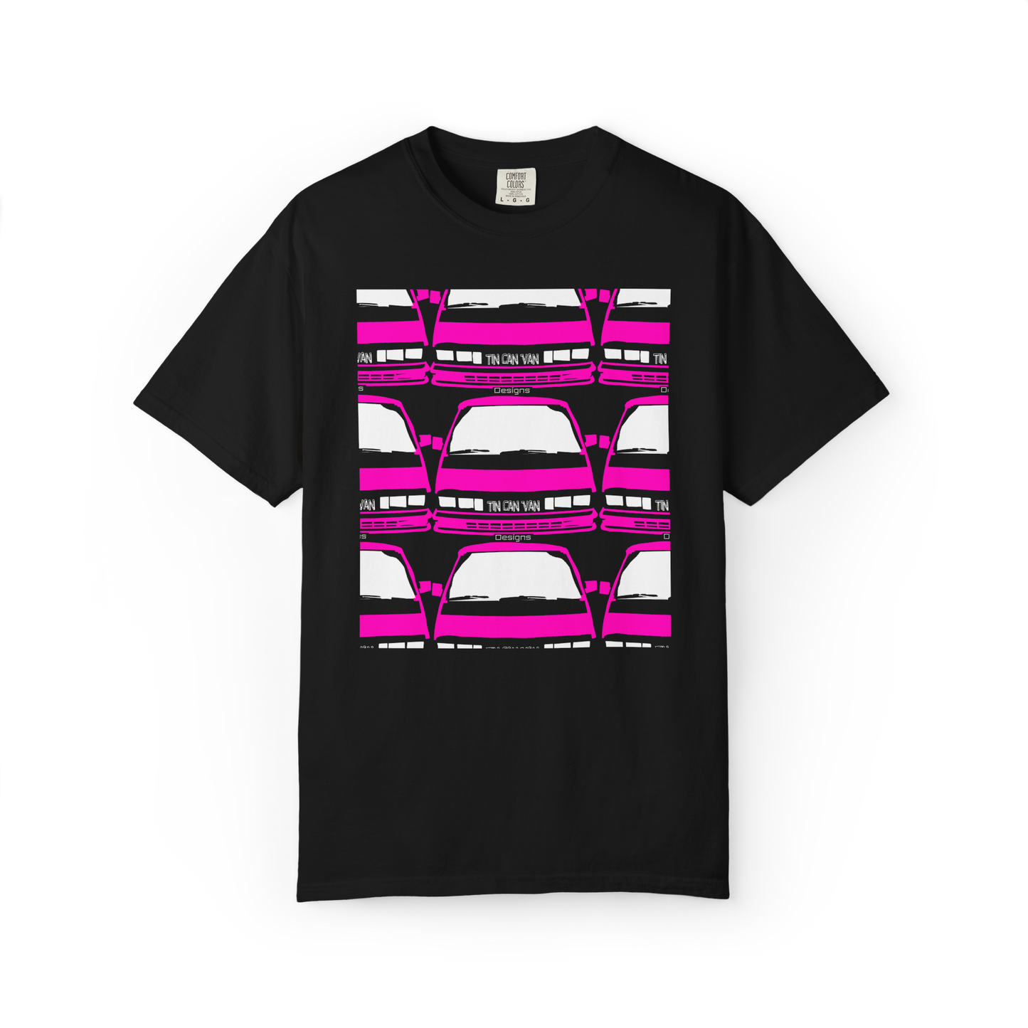 Black Comfort Colors cotton t-shirt with pink van grid pattern DTF graphic design on a white background.