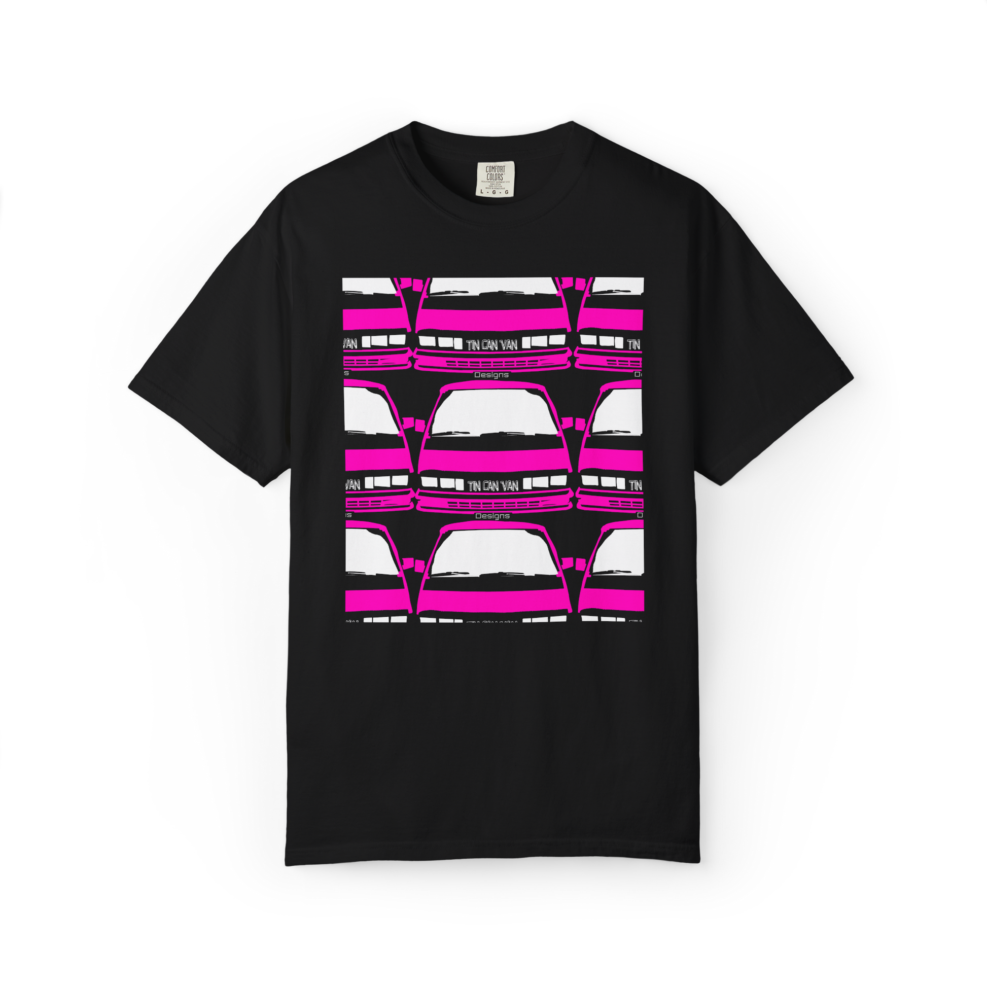 Black Comfort Colors cotton t-shirt with pink van grid pattern DTF graphic design on a white background.