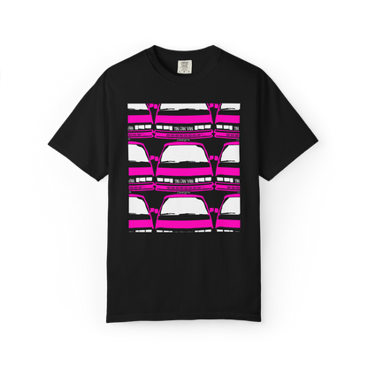 Black Comfort Colors cotton t-shirt with pink van grid pattern DTF graphic design on a white background.