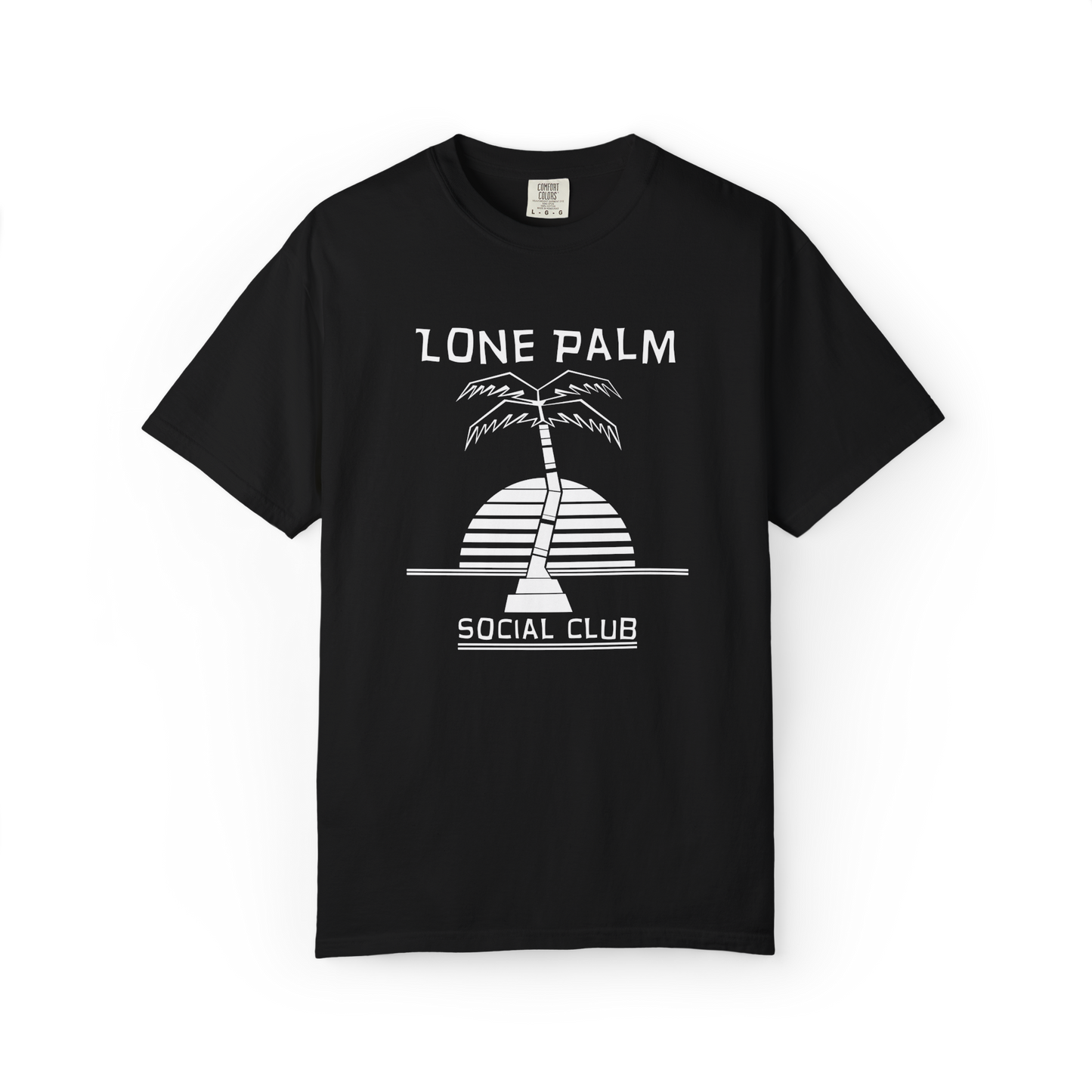 Black Comfort Colors graphic t-shirt with DTF  'Lone Palm Social Club' palm tree graphic on a white background.