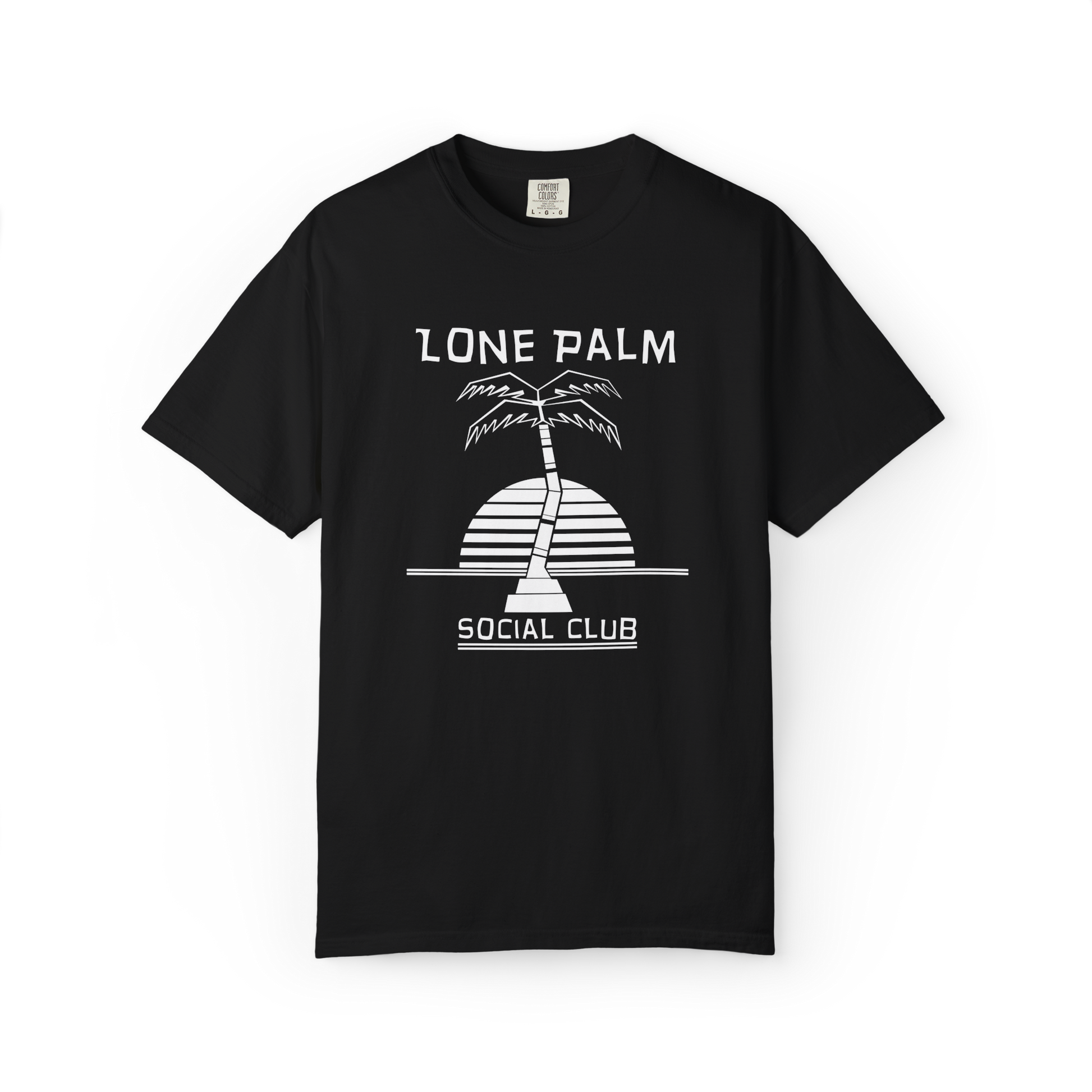 Black Comfort Colors graphic t-shirt with DTF  'Lone Palm Social Club' palm tree graphic on a white background.