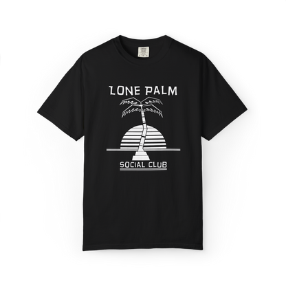 Black Comfort Colors graphic t-shirt with DTF  'Lone Palm Social Club' palm tree graphic on a white background.