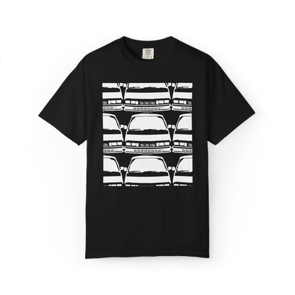 Black Comfort Colors cotton t-shirt with white van grid pattern DTF graphic design on a white background.