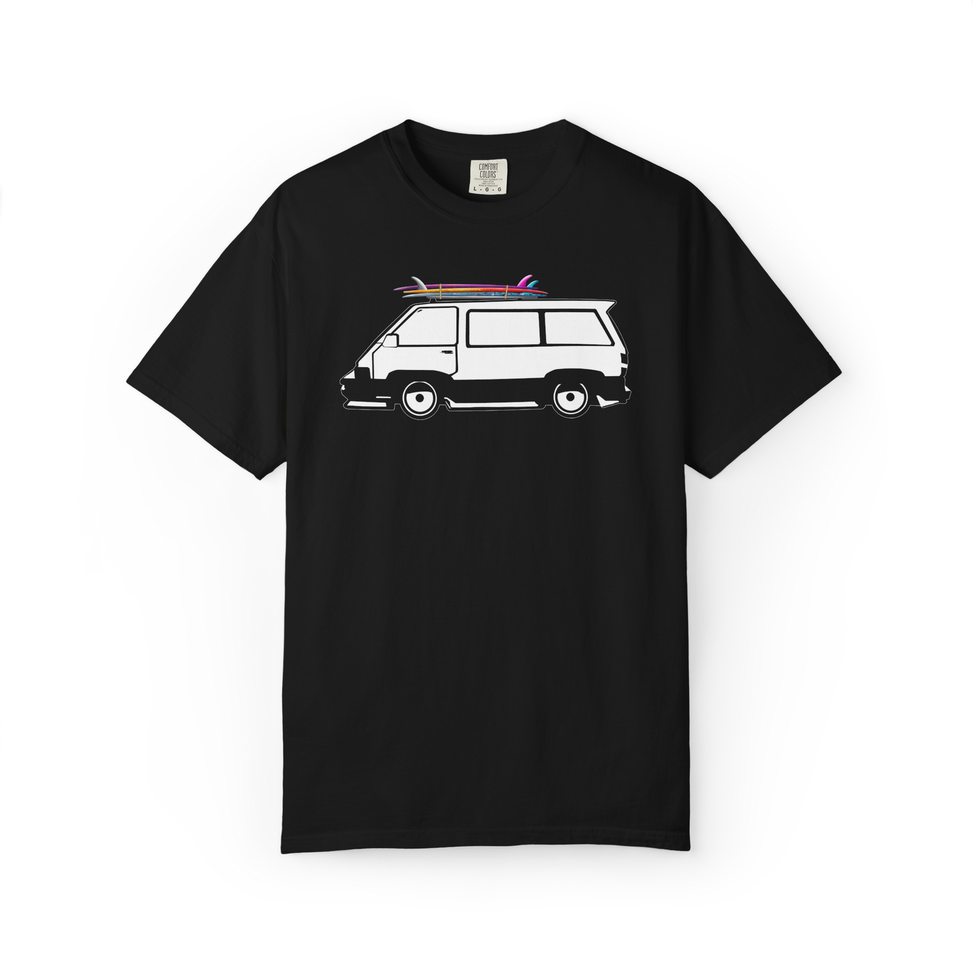 Black cotton Comfort Colors DTF graphic t-shirt with a van and surfboard graphic on a white background