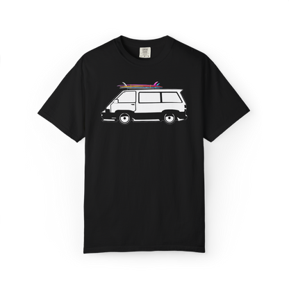 Black cotton Comfort Colors DTF graphic t-shirt with a van and surfboard graphic on a white background