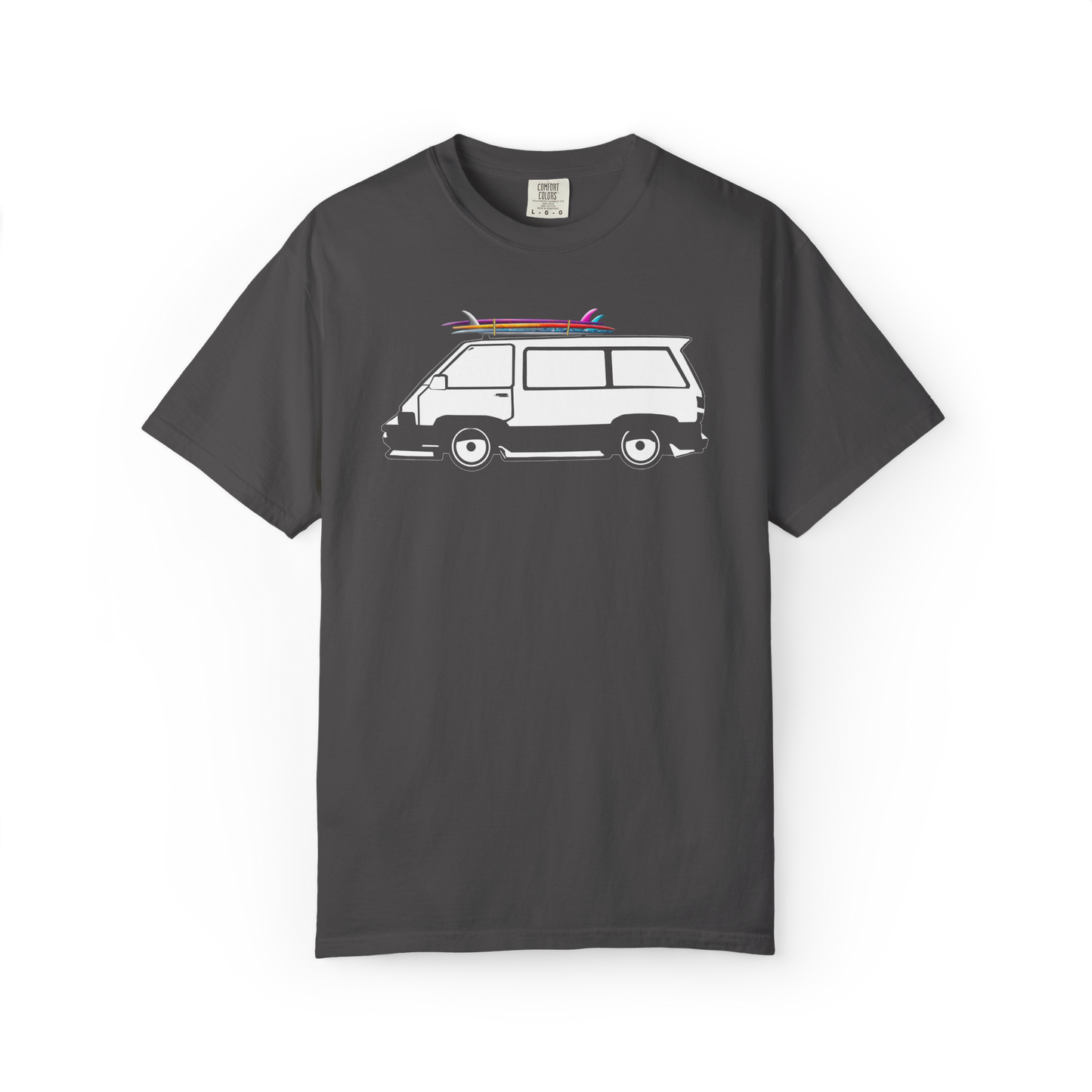 Graphite cotton Comfort Colors DTF graphic t-shirt with a van and surfboard graphic on a white background