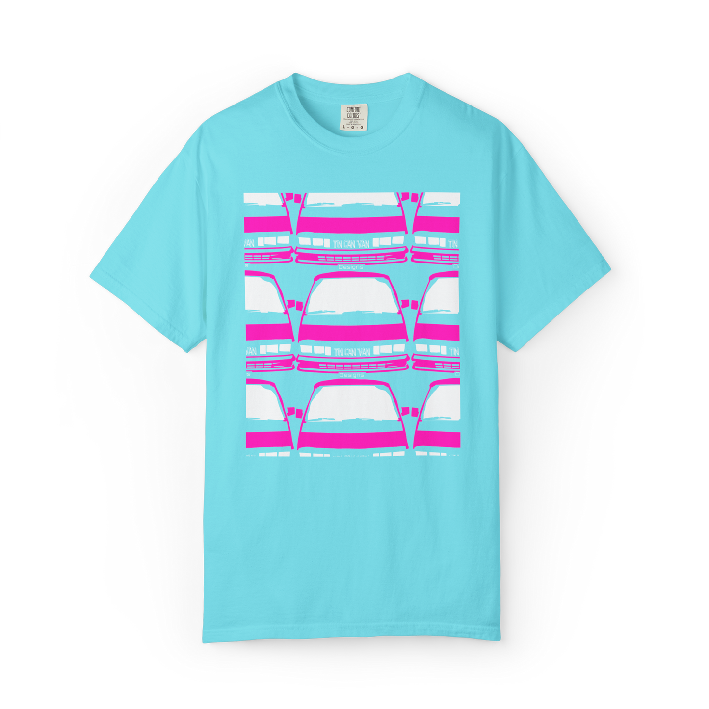 Tropical light blue Comfort Colors cotton t-shirt with pink van grid pattern DTF graphic design on a white background.