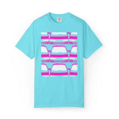 Tropical light blue Comfort Colors cotton t-shirt with pink van grid pattern DTF graphic design on a white background.