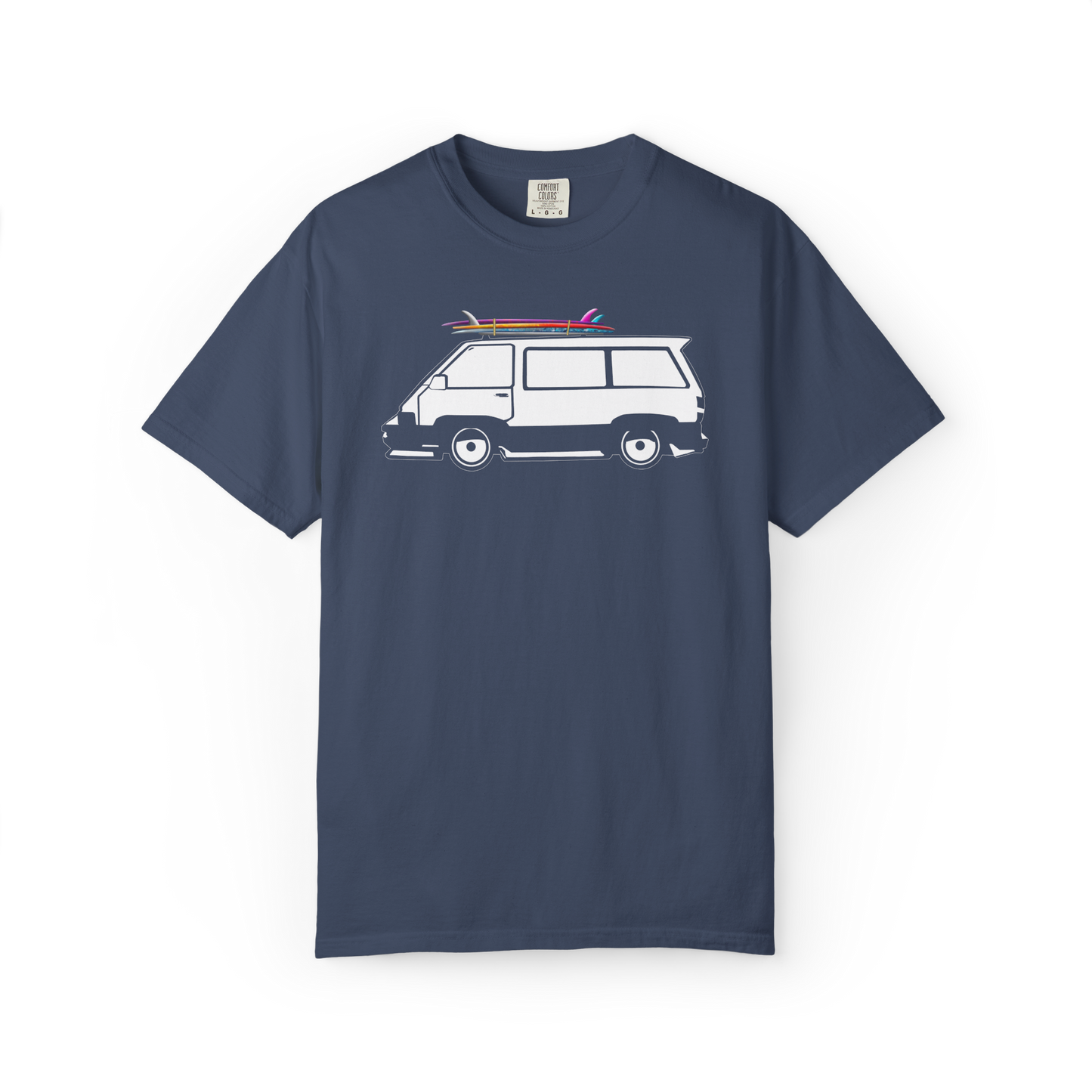 Midnight blue cotton Comfort Colors DTF graphic t-shirt with a van and surfboard graphic on a white background