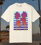 Comfort Colors cotton t-shirt Ivory in color featuring a DTF graphic of palm tree silhouettes in warm colors with a cool color background pattern.
