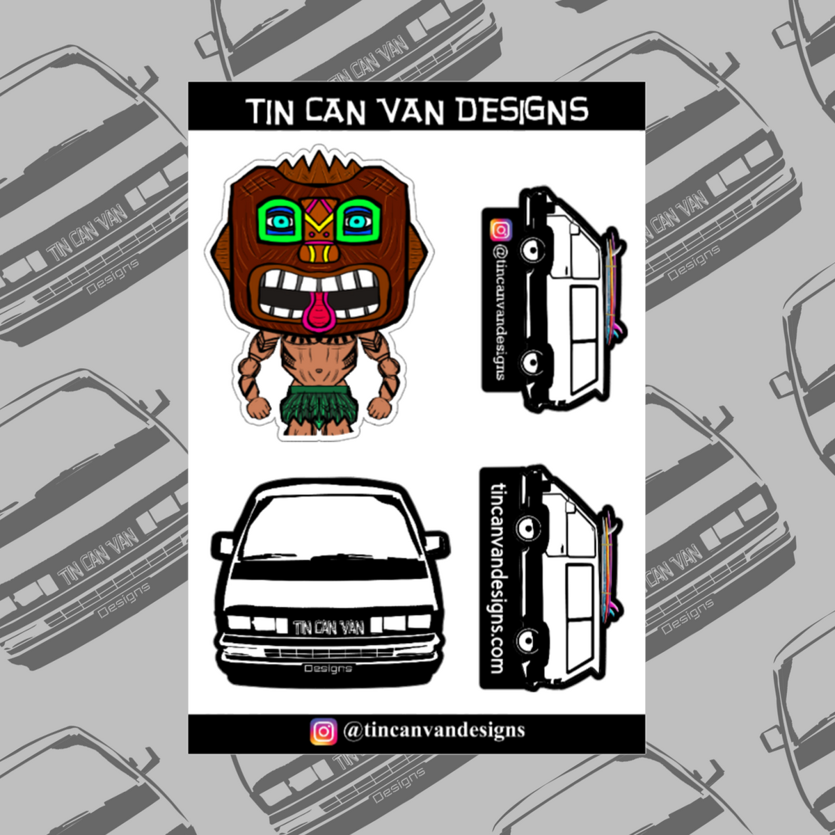 Sticker sheet design with 4 stickers featuung a tiki guy aand Tin Can Van Design logos on a gray background with 'Tin Can Van Designs' branding.