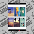 Grid of six photo stickers featuring images of surfing, beaches, sunsets, and landscapes of Venice Beach, Santa Monica, and Malibu Califonia ona white background with 'Tin Can Van Designs' branding.
