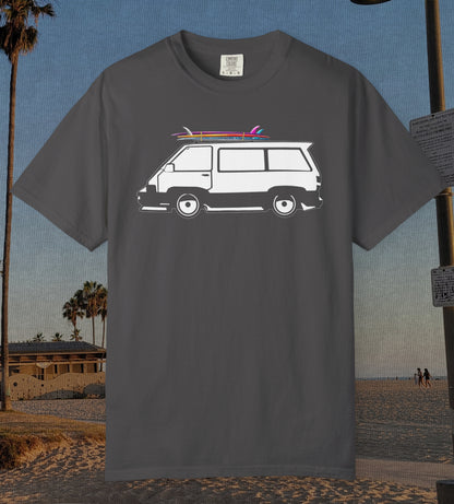 A dark gray crewneck t-shirt featuring a white graphic of a classic van with surfboards on its roof, set against a beach background.
