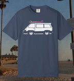 A navy blue short-sleeve t-shirt featuring a graphic of a white van with pink and red surfboards on its roof, set against a beach background.