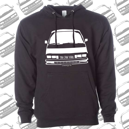 Black 80/20 Cotton polyester hoodie with white van graphic on a background with van illustrations
