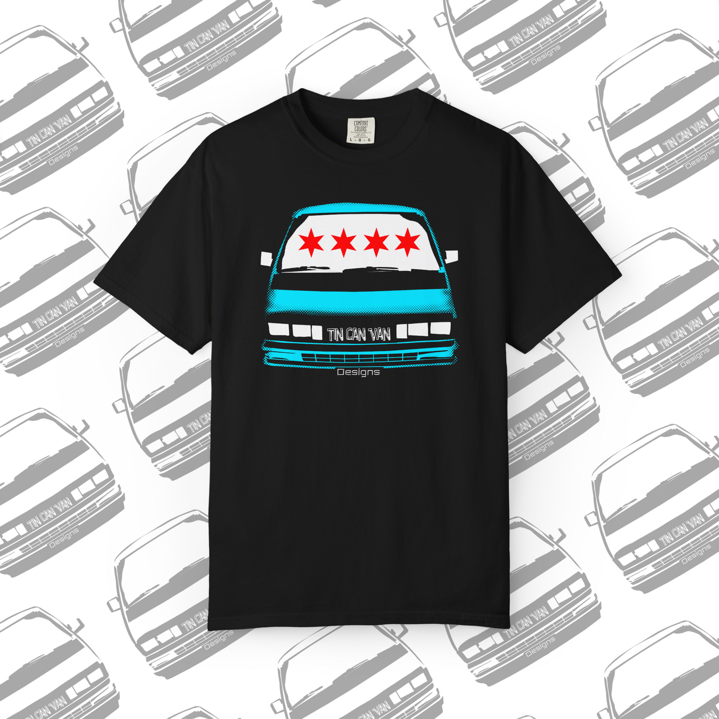 Black Comfort Colors graphic t-shirt with a Chicago flag graphic of a van and stars on a white background with van illustrations.