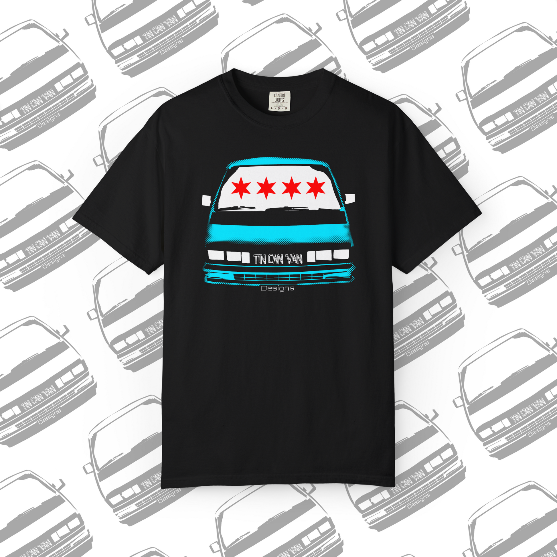 Black Comfort Colors graphic t-shirt with a Chicago flag graphic of a van and stars on a white background with van illustrations.