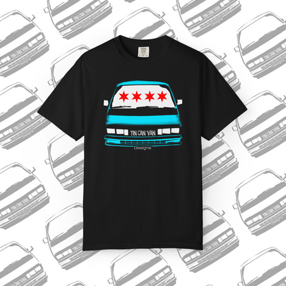 Black Comfort Colors graphic t-shirt with a Chicago flag graphic of a van and stars on a white background with van illustrations.