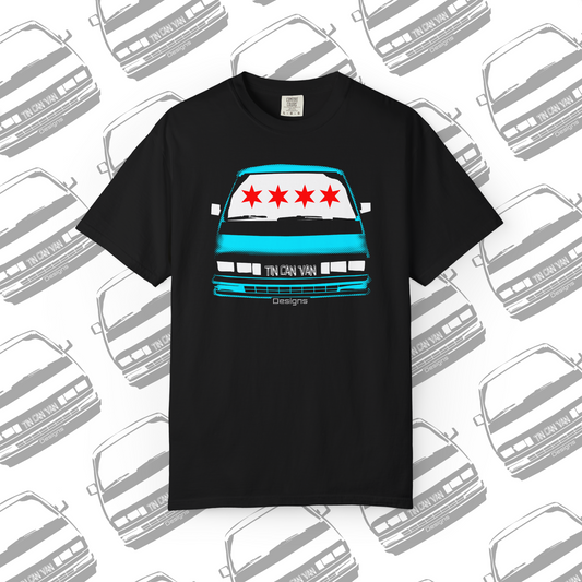 Black Comfort Colors graphic t-shirt with a Chicago flag graphic of a van and stars on a white background with van illustrations.