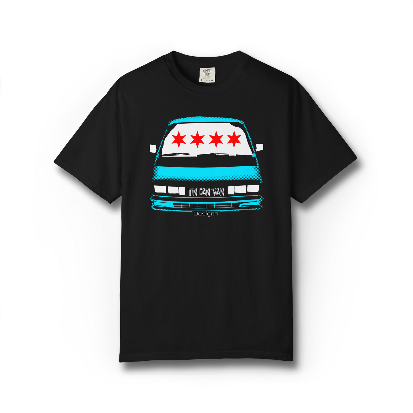 Black t-shirt with a  Chicago flag graphic of a van and stars on a white background