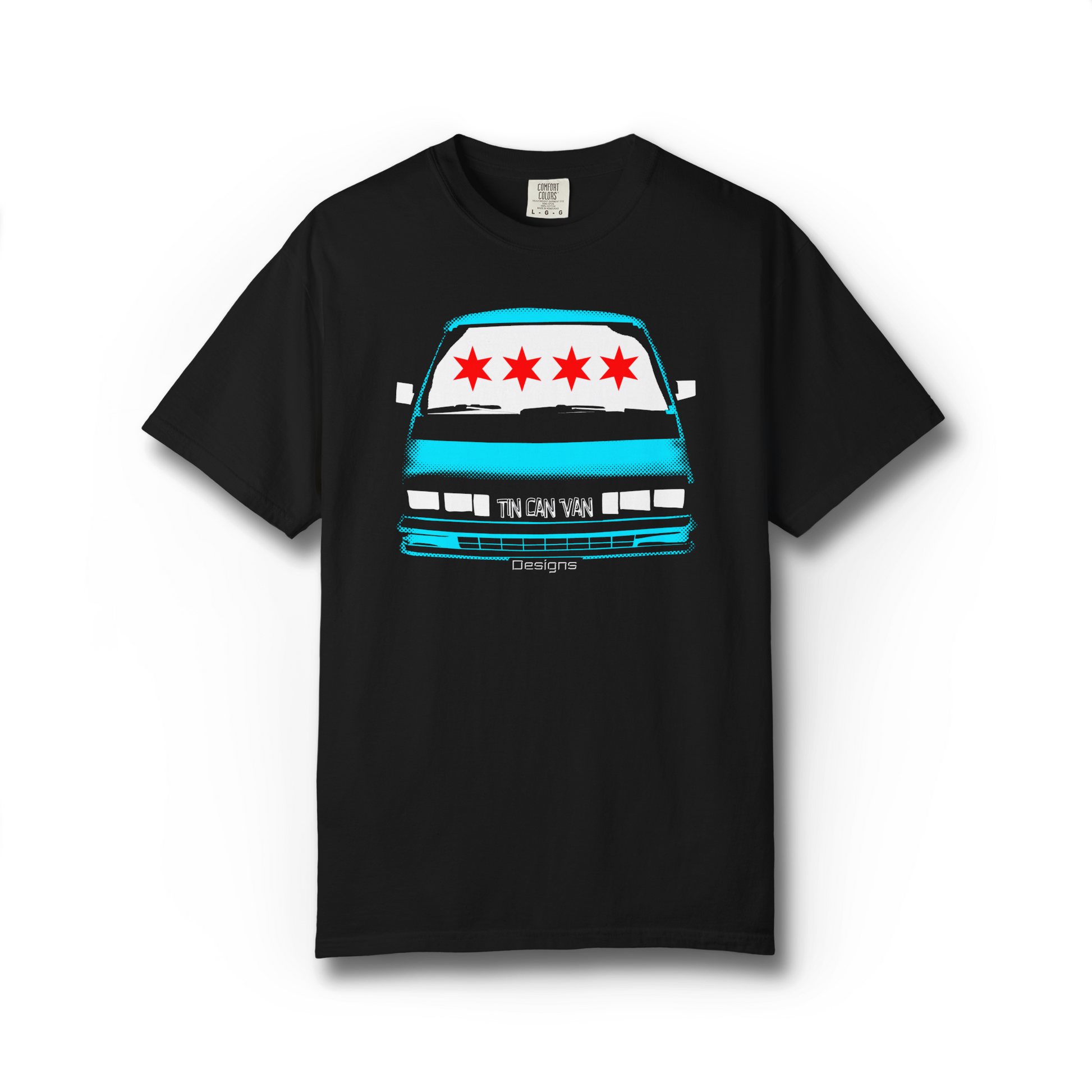 Black t-shirt with a  Chicago flag graphic of a van and stars on a white background