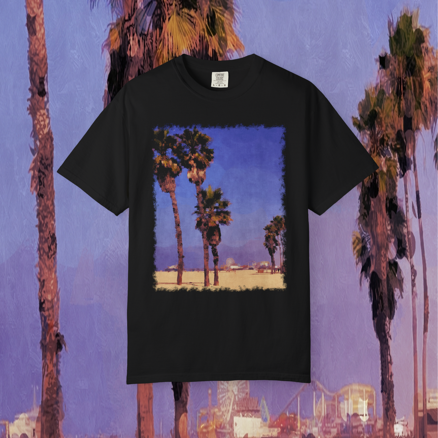 Black t-shirt with a Santa Monica Beach Graphic featuring palm trees, beach, and the Santa Monica Pier against a blue sky background