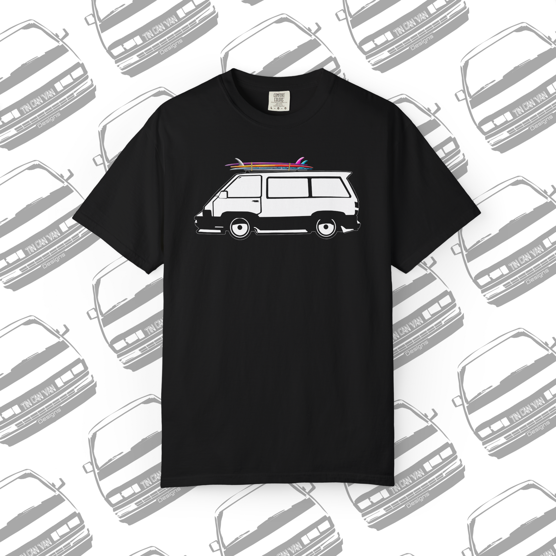 Black cotton Comfort Colors DTF graphic t-shirt with a van and surfboard graphic on a  van patterned background