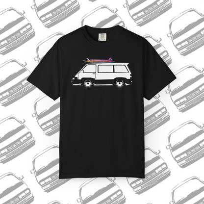 Black cotton Comfort Colors DTF graphic t-shirt with a van and surfboard graphic on a  van patterned background