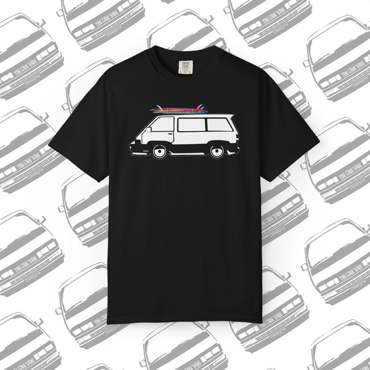 Black cotton Comfort Colors DTF graphic t-shirt with a van and surfboard graphic on a  van patterned background