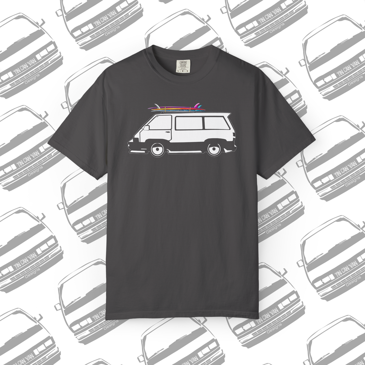 Graphite cotton Comfort Colors DTF graphic t-shirt with a van and surfboard graphic on a  van patterned background
