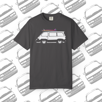 Graphite cotton Comfort Colors DTF graphic t-shirt with a van and surfboard graphic on a  van patterned background