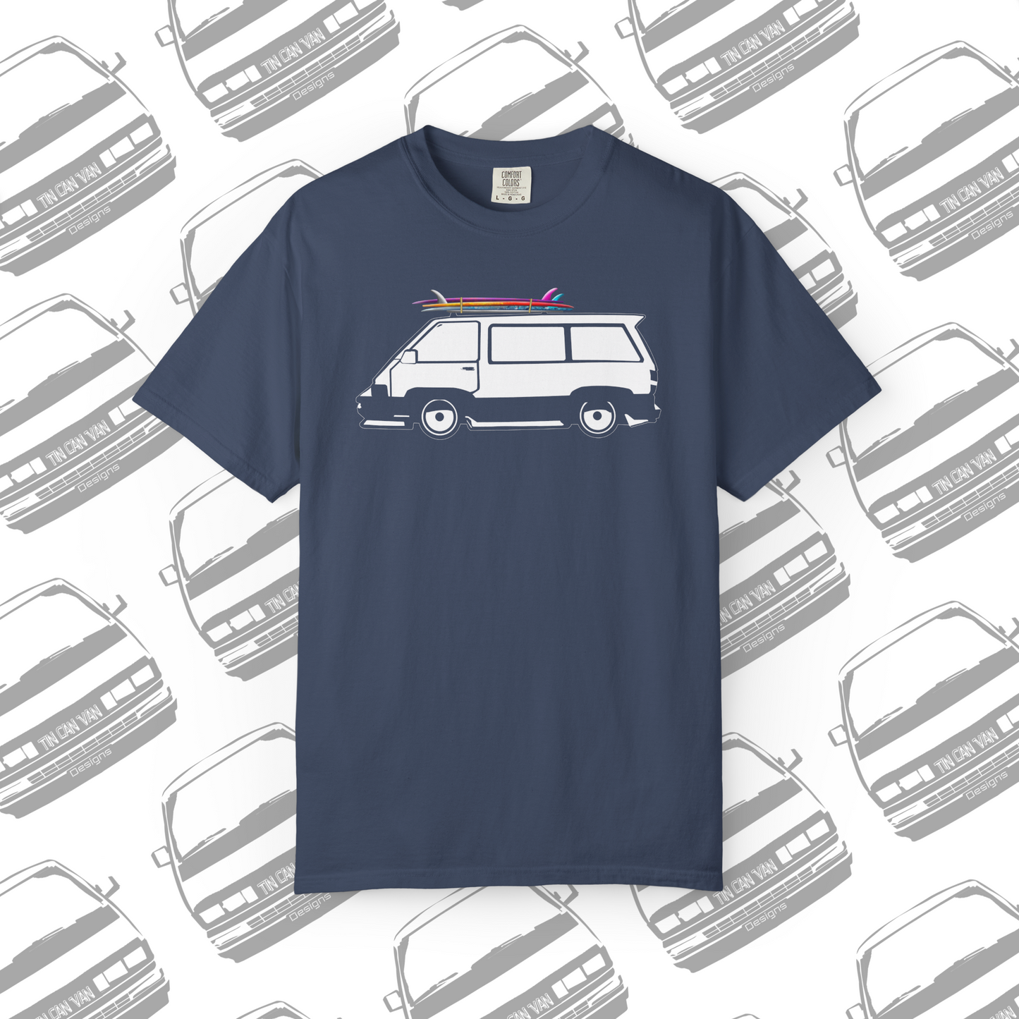 Midnight blue cotton Comfort Colors DTF graphic t-shirt with a van and surfboard graphic on a  van patterned background