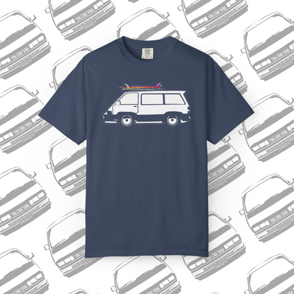 Midnight blue cotton Comfort Colors DTF graphic t-shirt with a van and surfboard graphic on a  van patterned background
