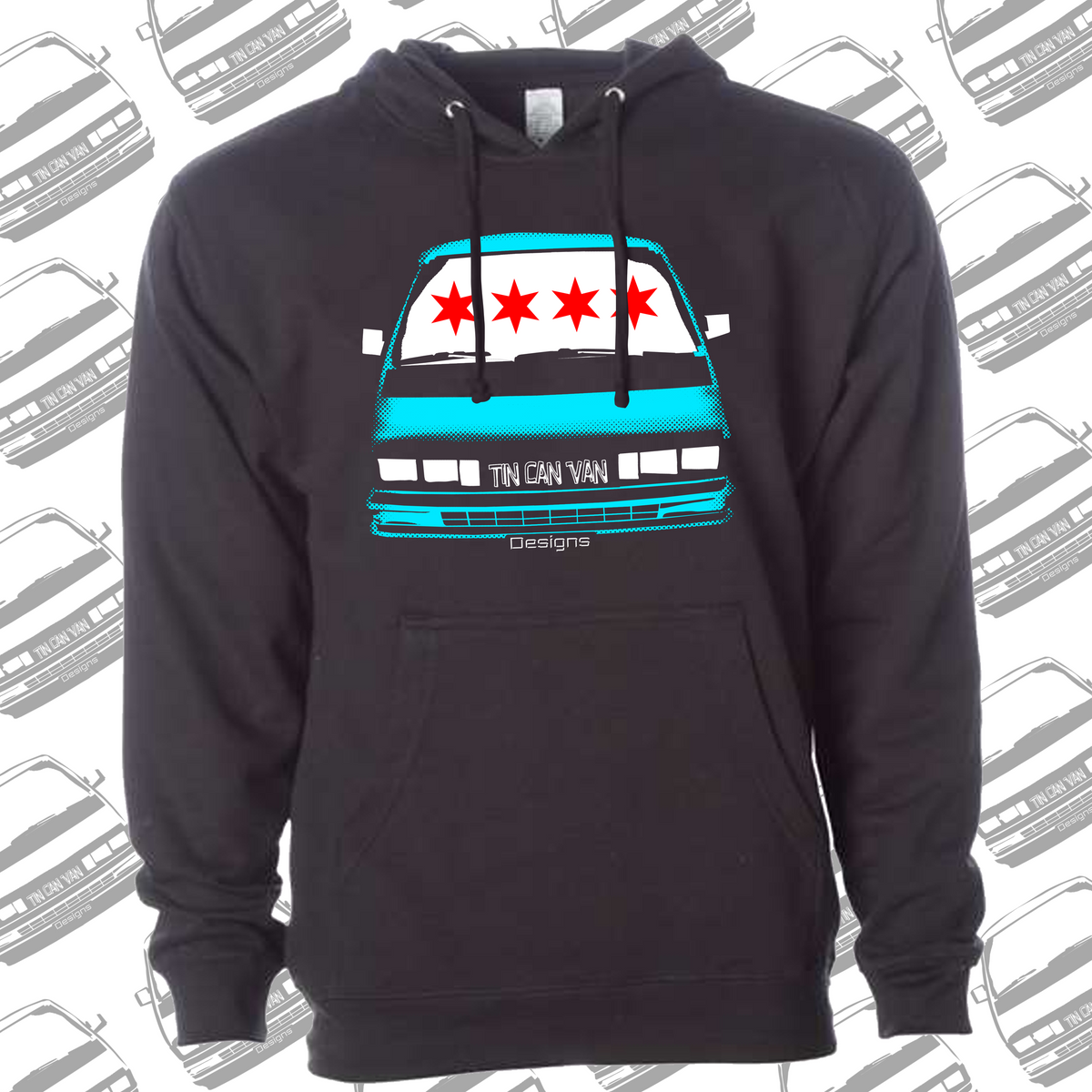 Black hoodie with a graphic of a van and stars on the chest, Chicago flag, set against a background with van  illustrations.
