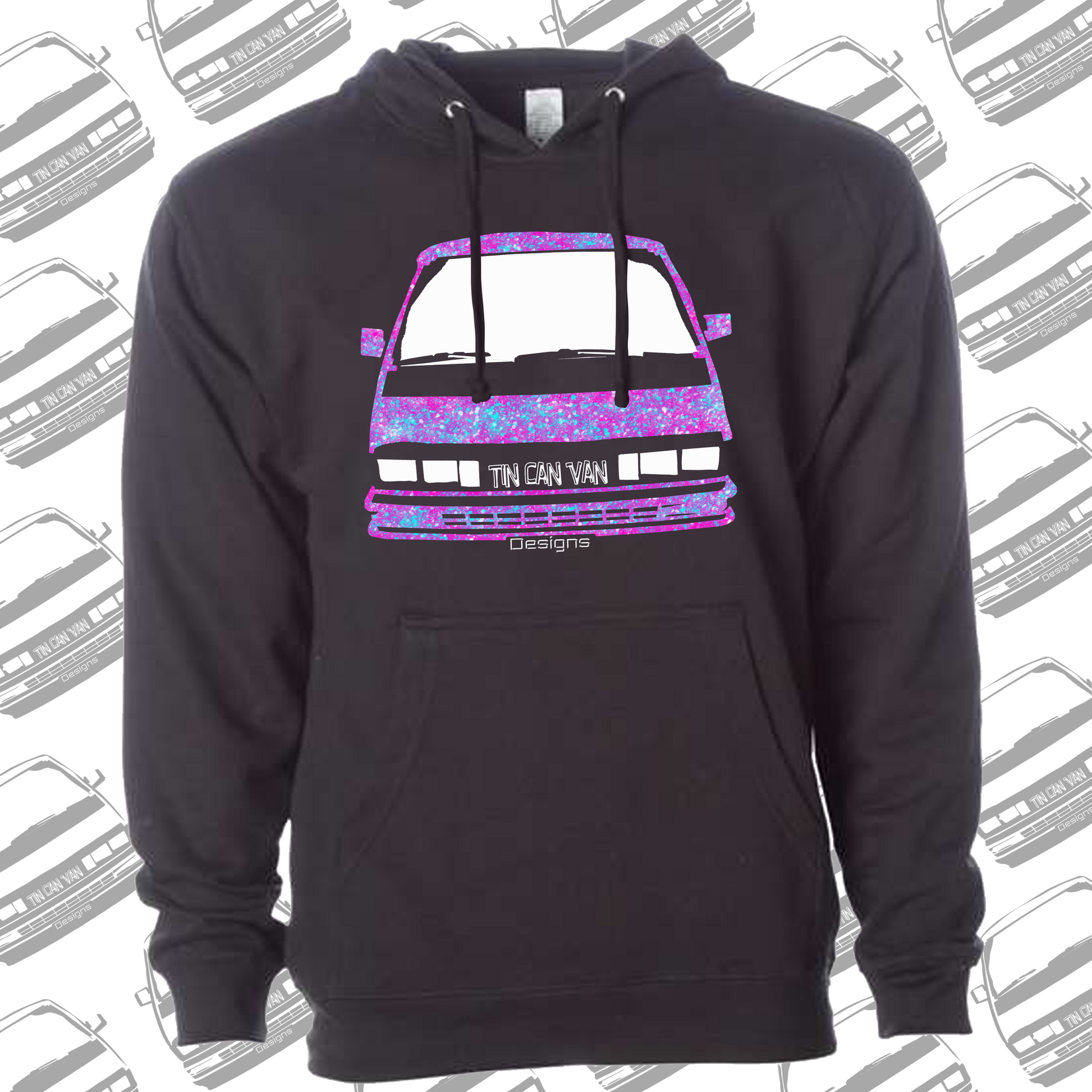 Black hoodie with a colorful van graphic on a white background