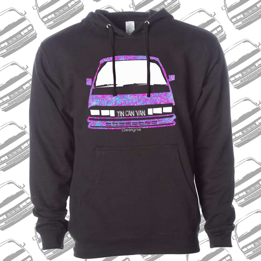 Black hoodie with a colorful van graphic on a white background