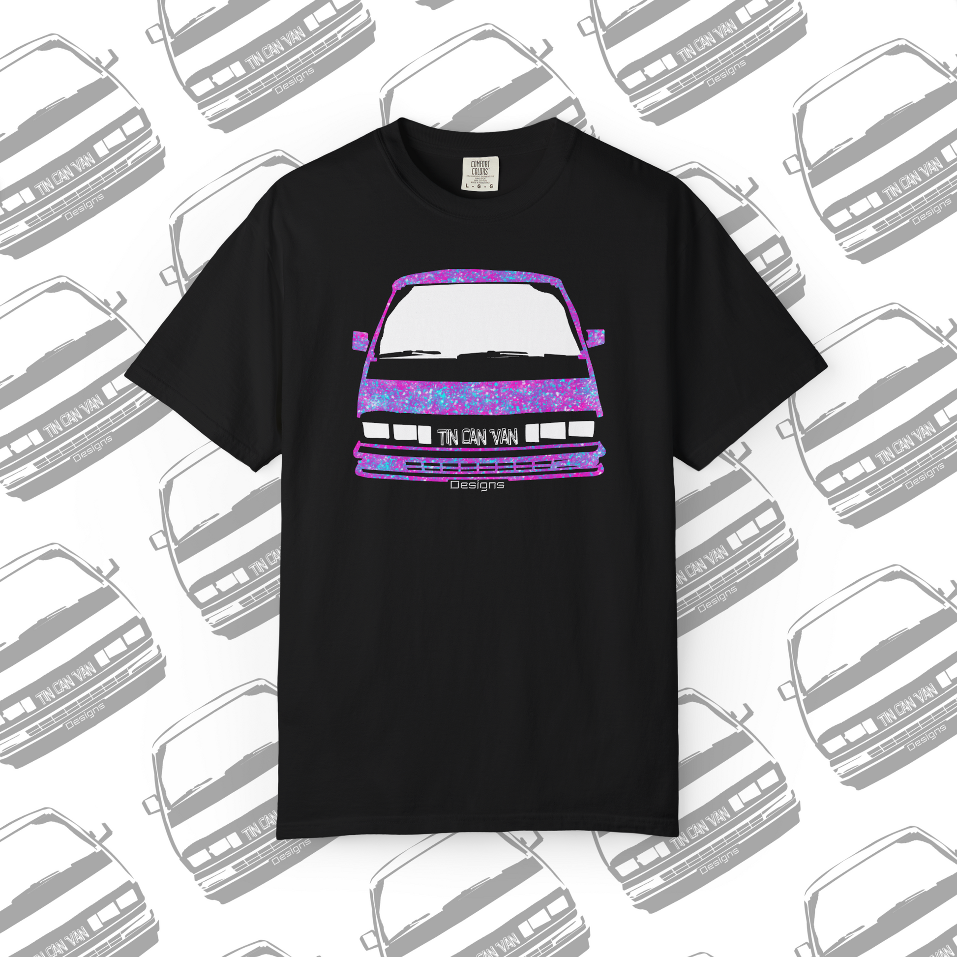 Black t-shirt with a colorful pink and blue speckled van graphic on a patterned background