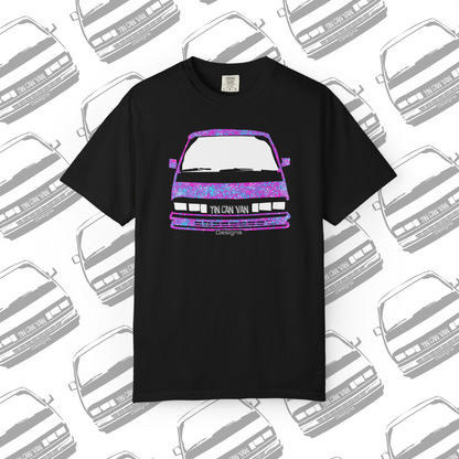 Black t-shirt with a colorful pink and blue speckled van graphic on a patterned background