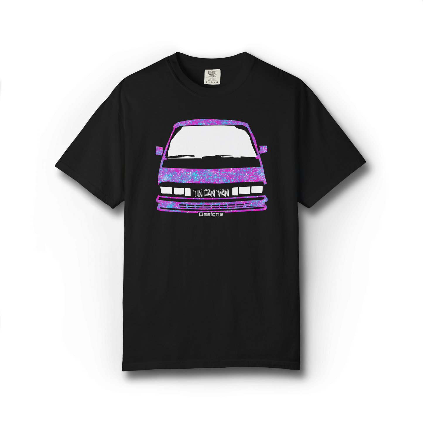 Black t-shirt with a colorful pink and blue speckled van graphic on a white background