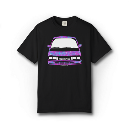 Black t-shirt with a colorful pink and blue speckled van graphic on a white background