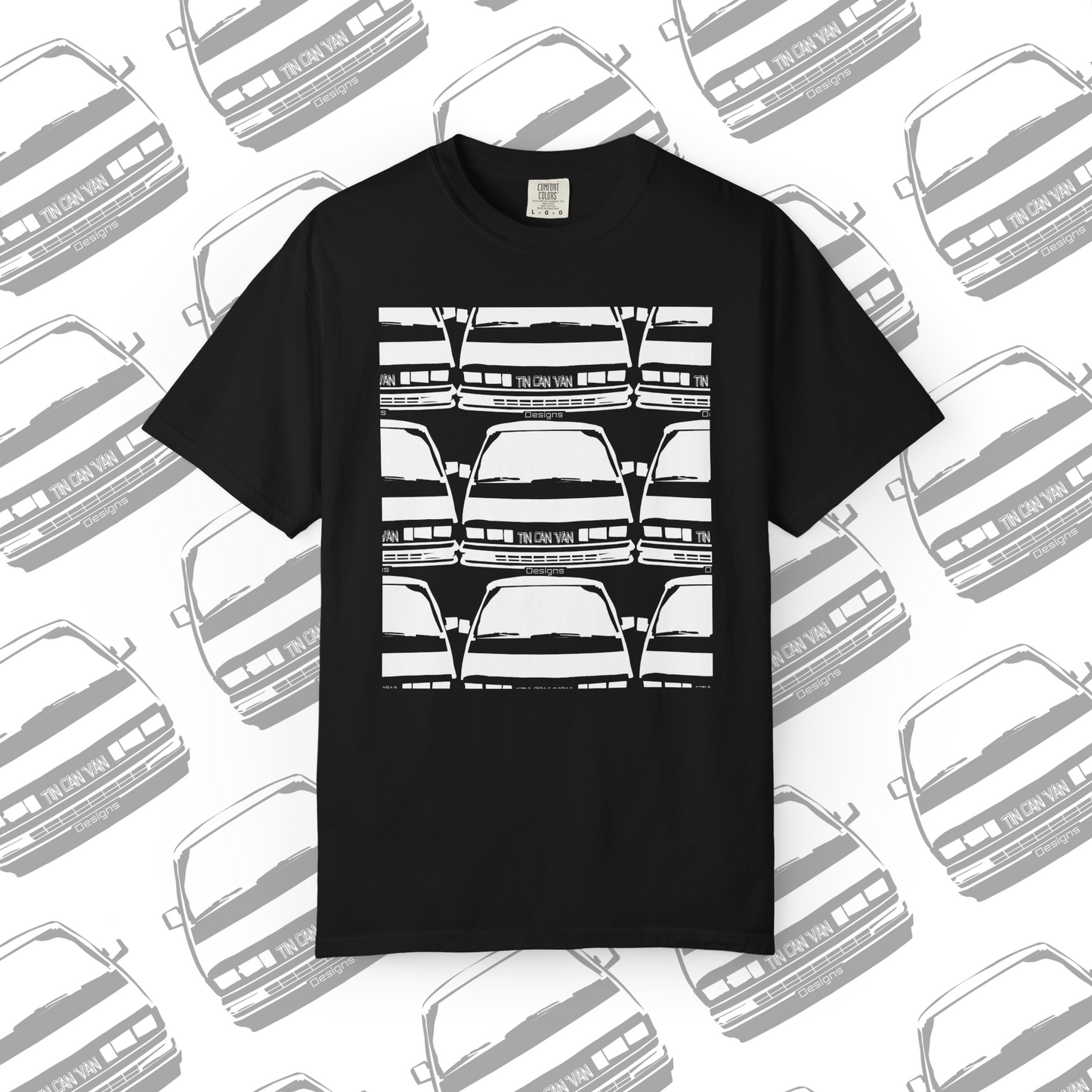 Black Comfort Colors cotton t-shirt with white van grid pattern DTF graphic design on a white background with van pattern