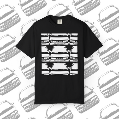 Black Comfort Colors cotton t-shirt with white van grid pattern DTF graphic design on a white background with van pattern