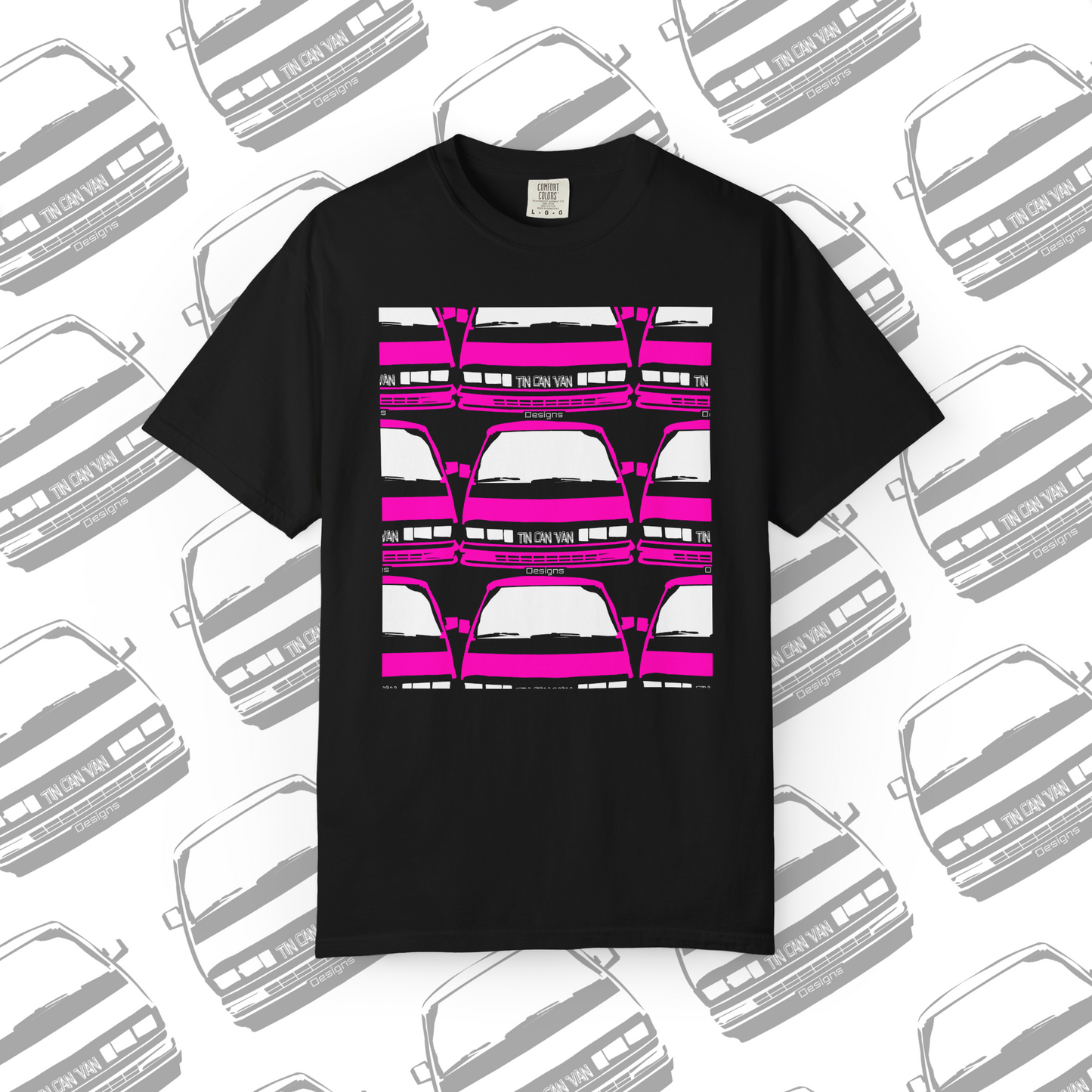Black Comfort Colors cotton t-shirt with pink van grid pattern DTF graphic design on a white background with van pattern