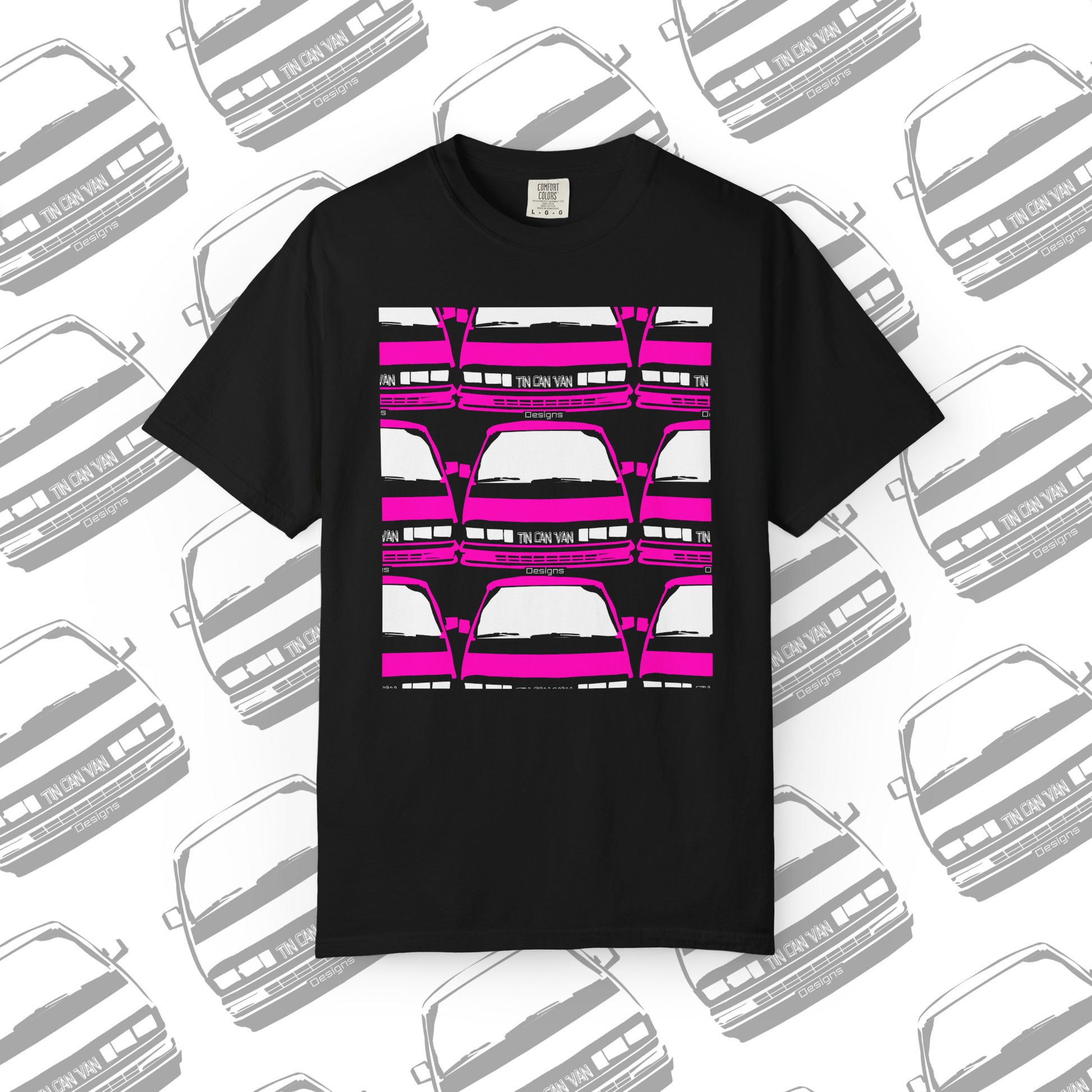 Black Comfort Colors cotton t-shirt with pink van grid pattern DTF graphic design on a white background with van pattern